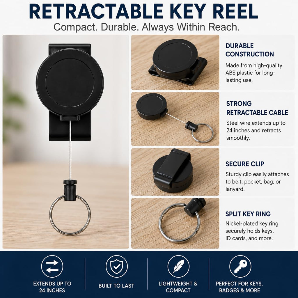 DRUT Metal 360 Degree Rotatable Heavy Duty Retractable Keychain with Belt Clip, Durable Key Reel Holder for Keys, ID Cards, Passes & Work Accessories