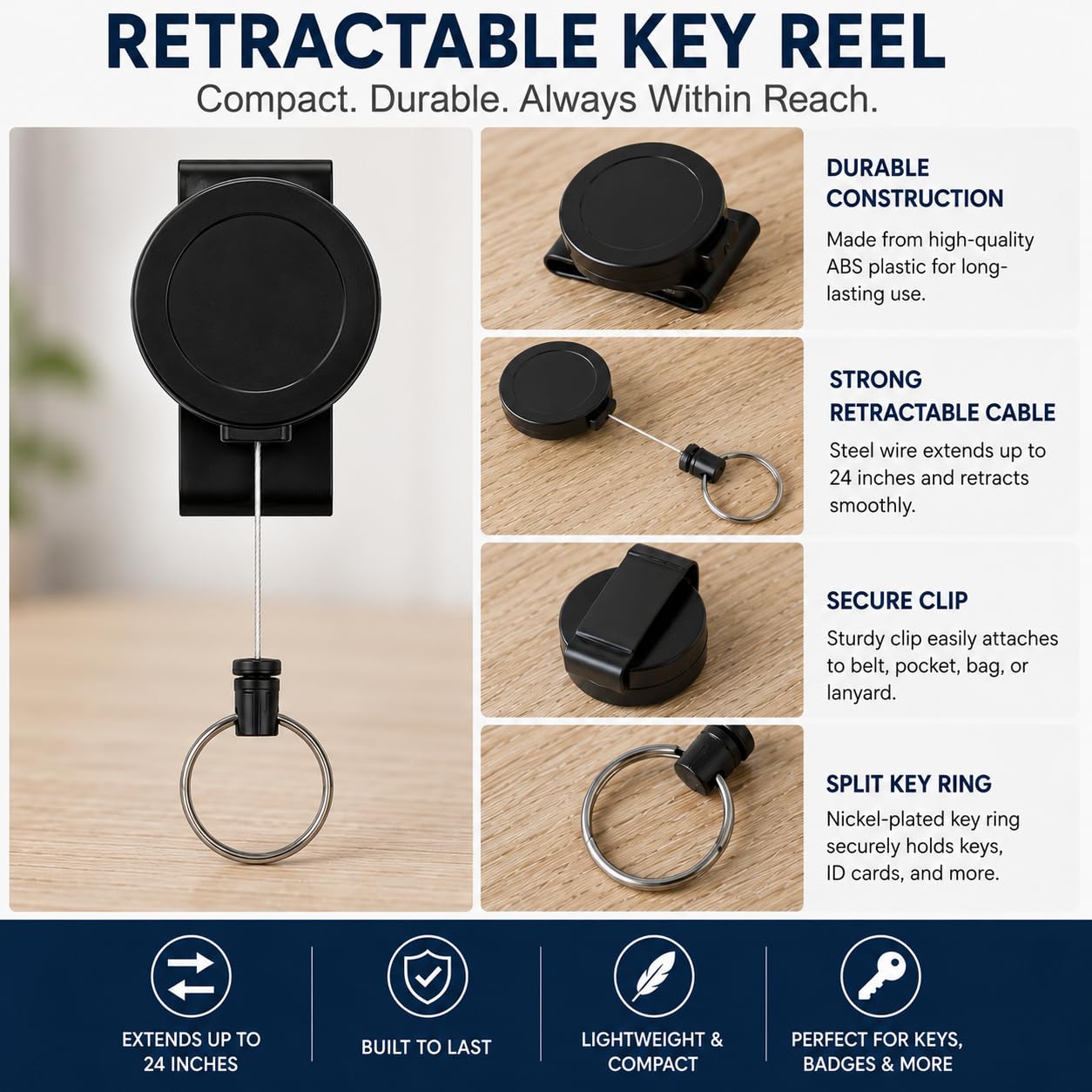DRUT Metal 360 Degree Rotatable Heavy Duty Retractable Keychain with Belt Clip, Durable Key Reel Holder for Keys, ID Cards, Passes & Work Accessories