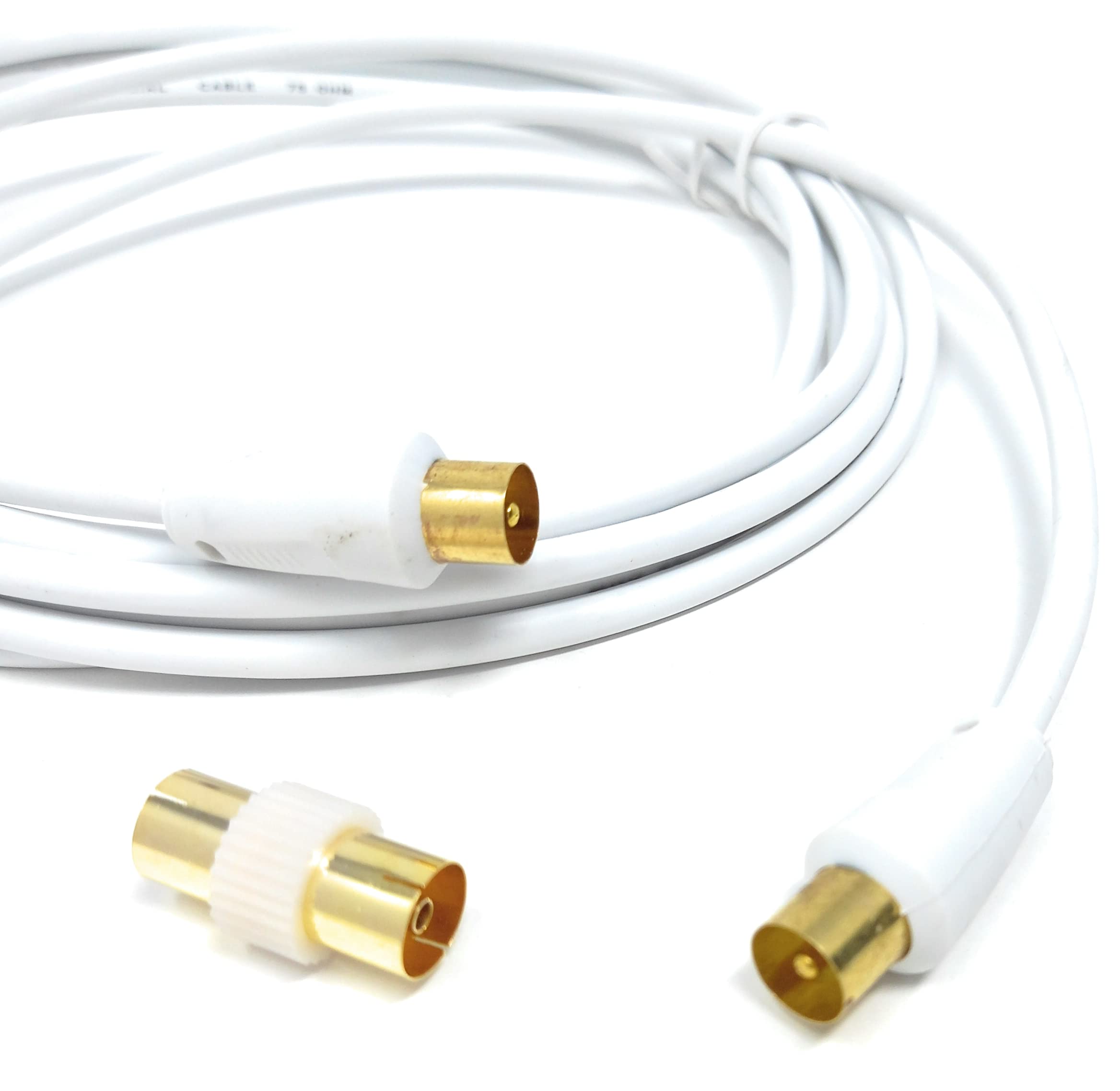 DRUT TV RF Male to Male Aerial Antenna Coaxial Cable With Female to Female Coupler, Gold Connectors 75 ohm, 3C2V