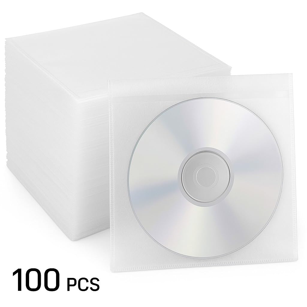 100 Pack Clear CD/DVD Sleeves – Polypropylene Disc Storage Pouches with Transparent Window, Soft Protective Covers for CDs, DVDs, Blu-ray Discs