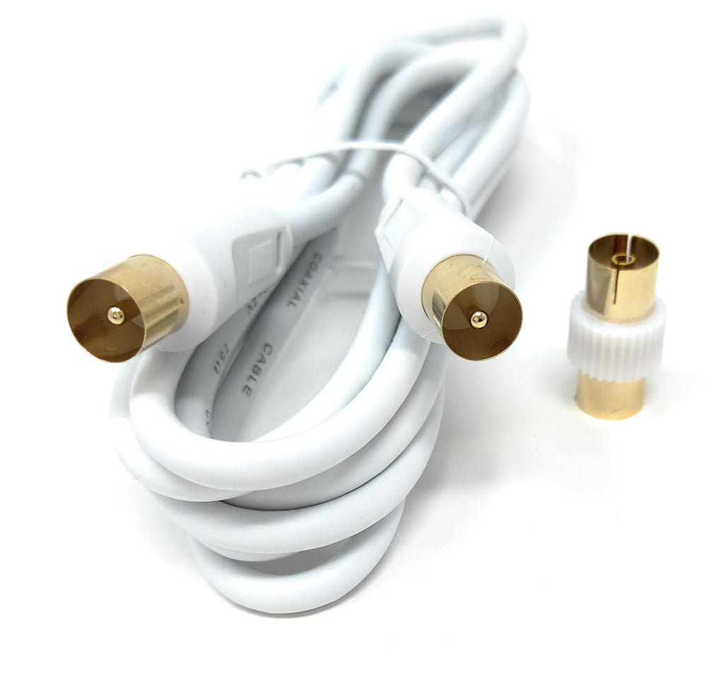DRUT TV RF Male to Male Aerial Antenna Coaxial Cable With Female to Female Coupler, Gold Connectors 75 ohm, 3C2V