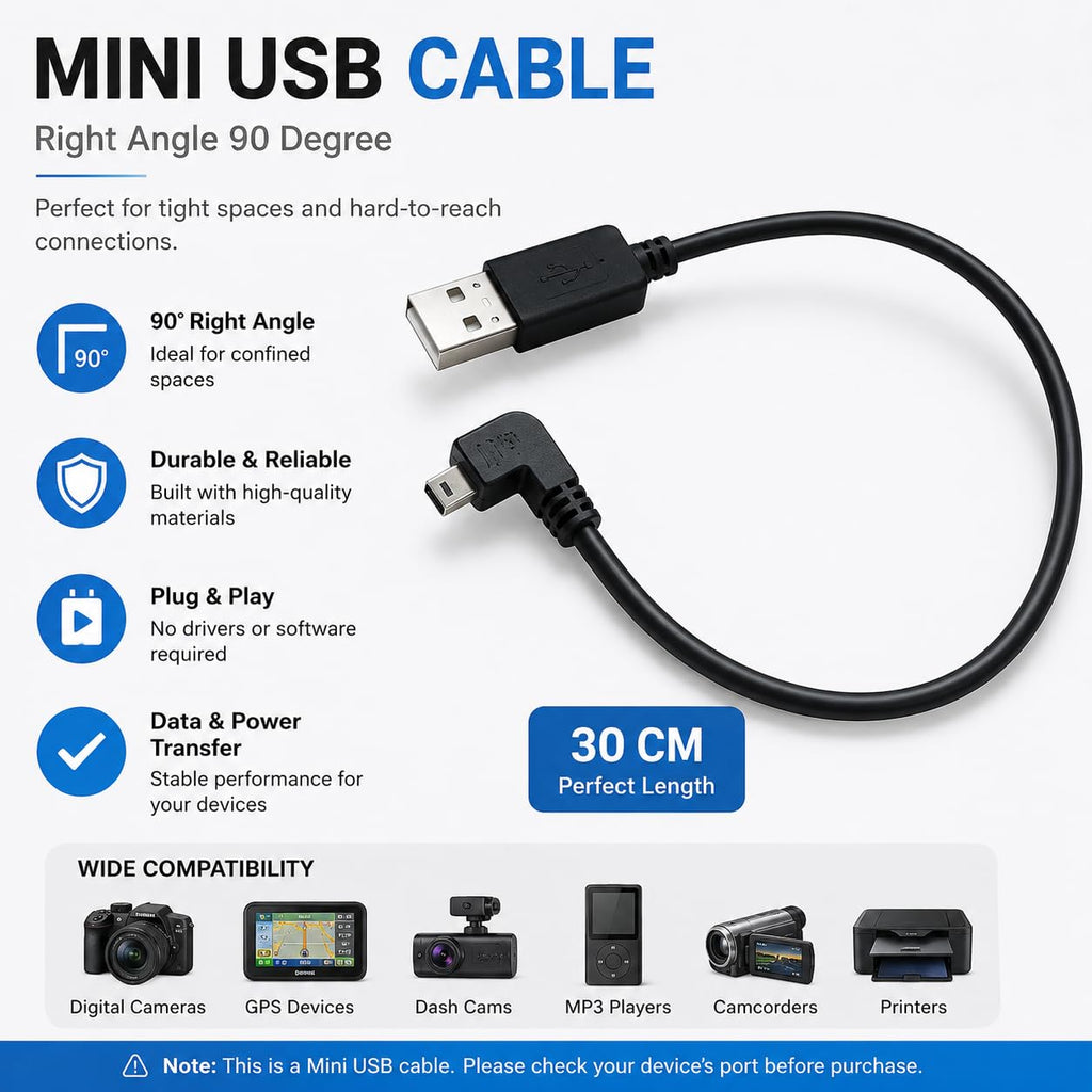 DRUT USB to Mini USB Cable – 90° Right Angle Data Sync & Charging Lead for Dash Cam, Car GPS, DVR, Digital Camera, PS3 Controller, MP3 Player & More