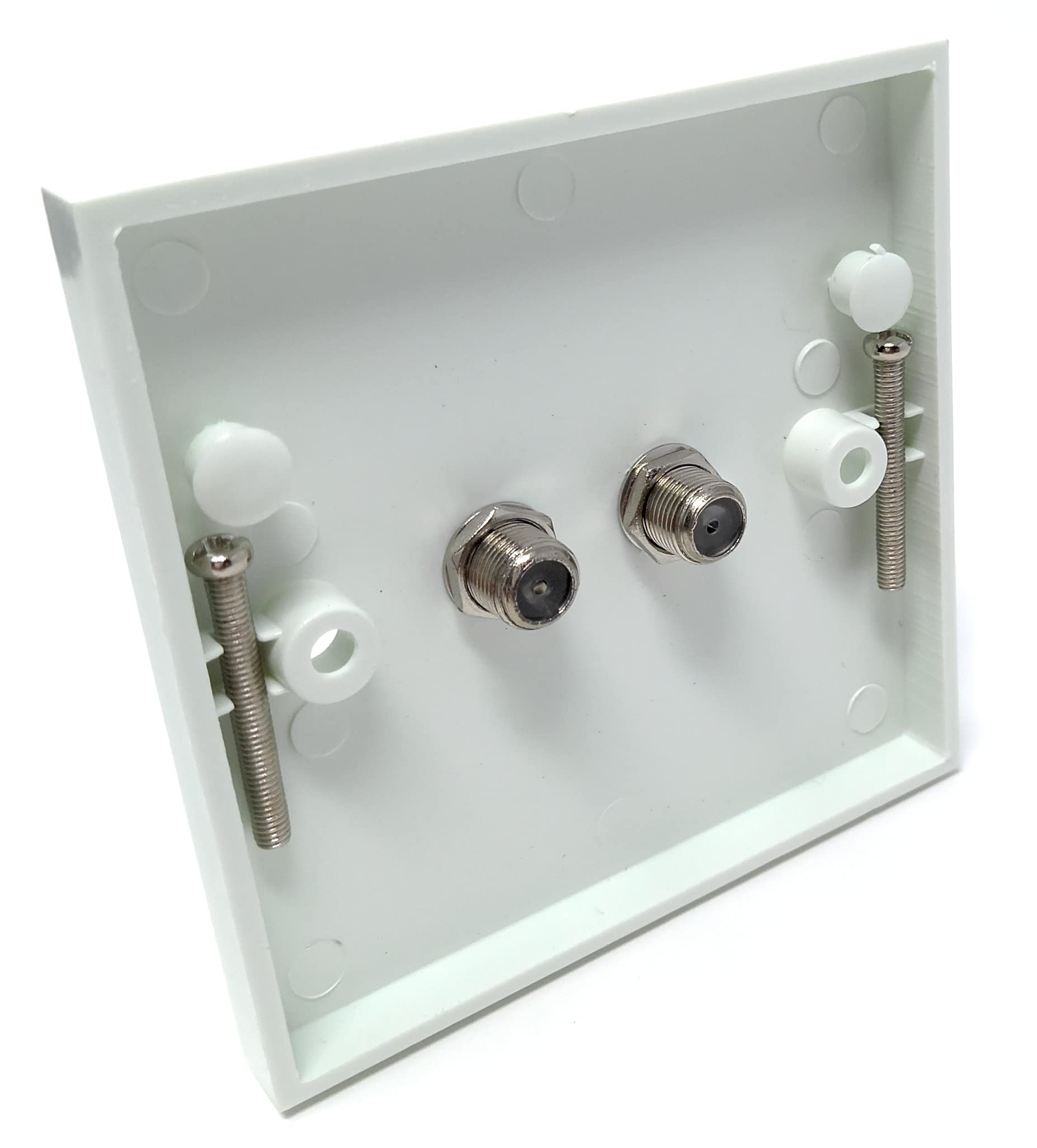 Twin Satellite, TV Outlet F-Type Male Screw Socket Connector, Wall Plate Faceplate, UK Standard, Single Gang, White