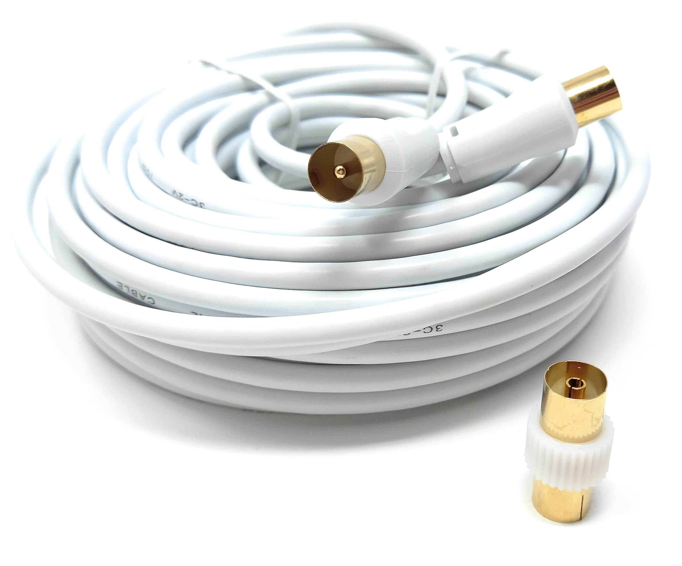 DRUT TV RF Male to Male Aerial Antenna Coaxial Cable With Female to Female Coupler, Gold Connectors 75 ohm, 3C2V