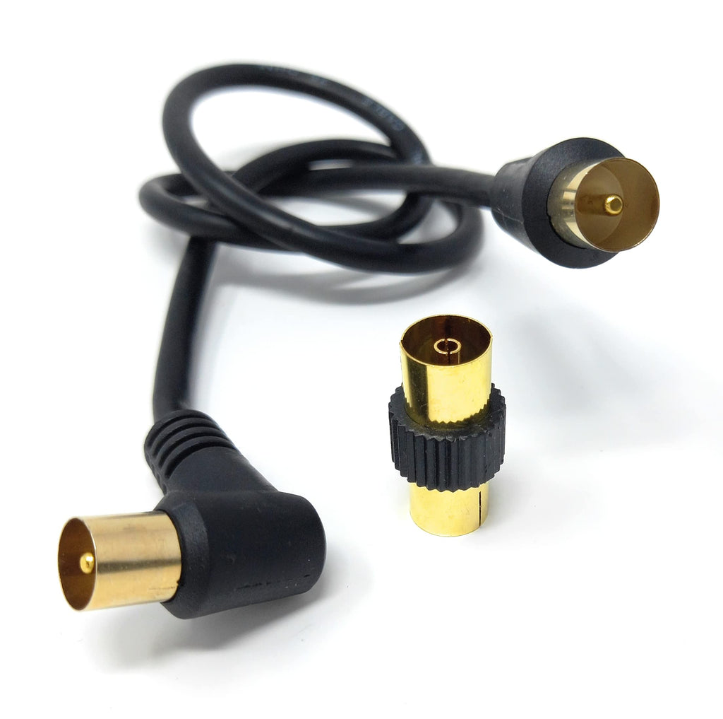 DRUT TV RF Right Angle Male to Male Aerial Antenna Coaxial Cable With Female to Female Coupler Gold Connectors 75 ohm, 3C2V