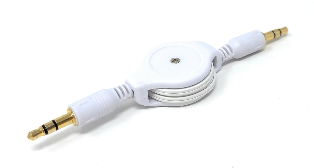 DRUT 3.5mm Retractable AUX Cable – 0.8m Male to Male Stereo Jack Lead, Compact Audio Cable for Car, Headphones, Speakers, Phones – White