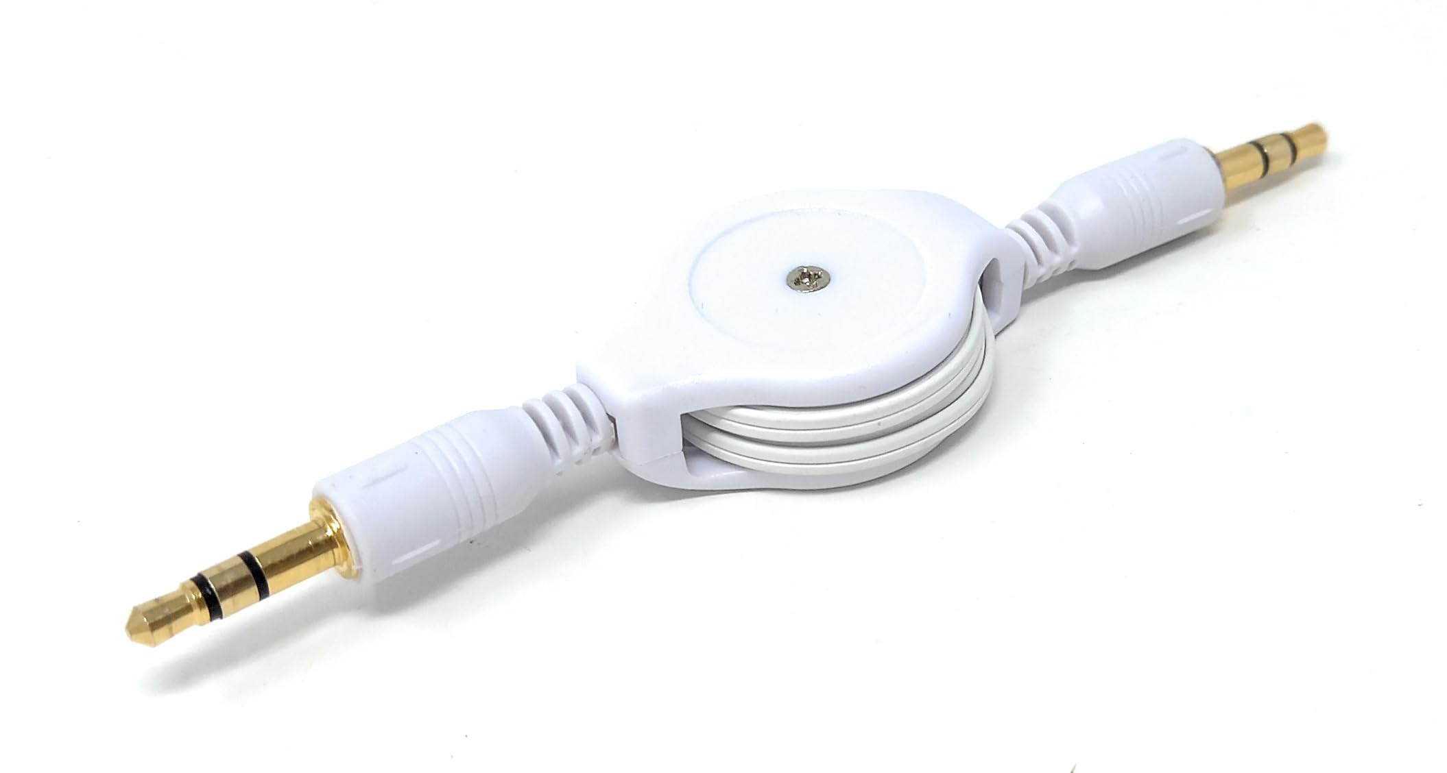 DRUT 3.5mm Retractable AUX Cable – 0.8m Male to Male Stereo Jack Lead, Compact Audio Cable for Car, Headphones, Speakers, Phones – White