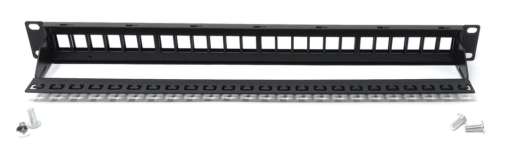 24-Port 1U Blank Patch Panel with Cable Management Bar, Unshielded, 19-Inch Rack Mount, Compatible with Cat6A, Cat5, Cat5e, Cat6, Cat7, Cat8, Cat9 Snap-in Keystone Jacks