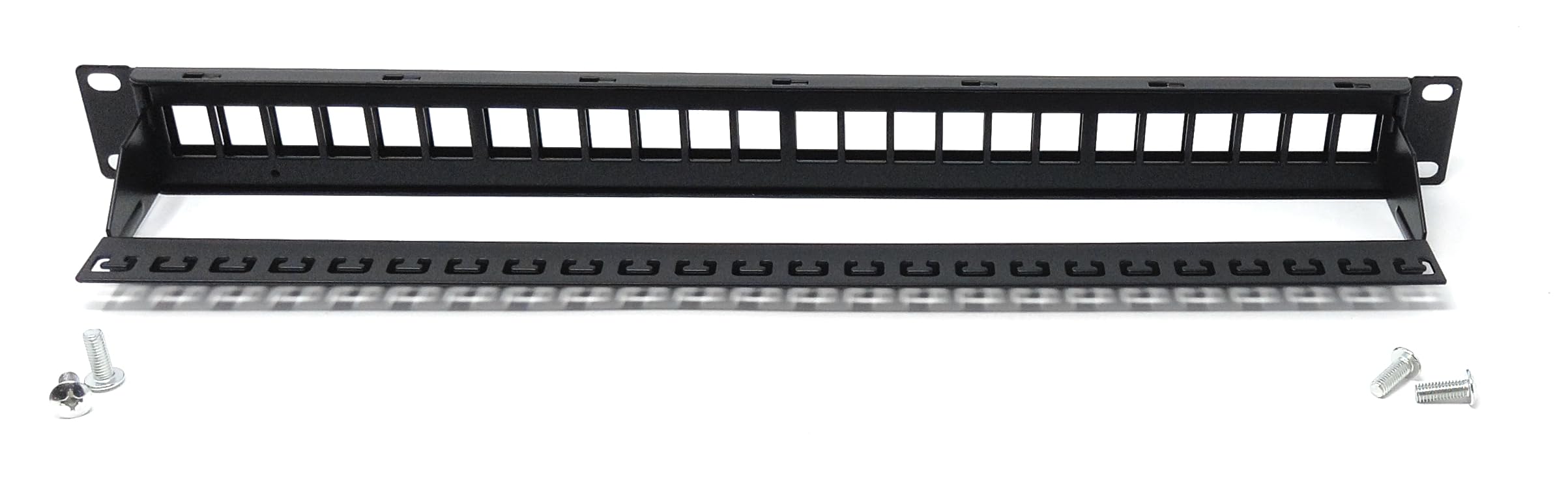 24-Port 1U Blank Patch Panel with Cable Management Bar, Unshielded, 19-Inch Rack Mount, Compatible with Cat6A, Cat5, Cat5e, Cat6, Cat7, Cat8, Cat9 Snap-in Keystone Jacks