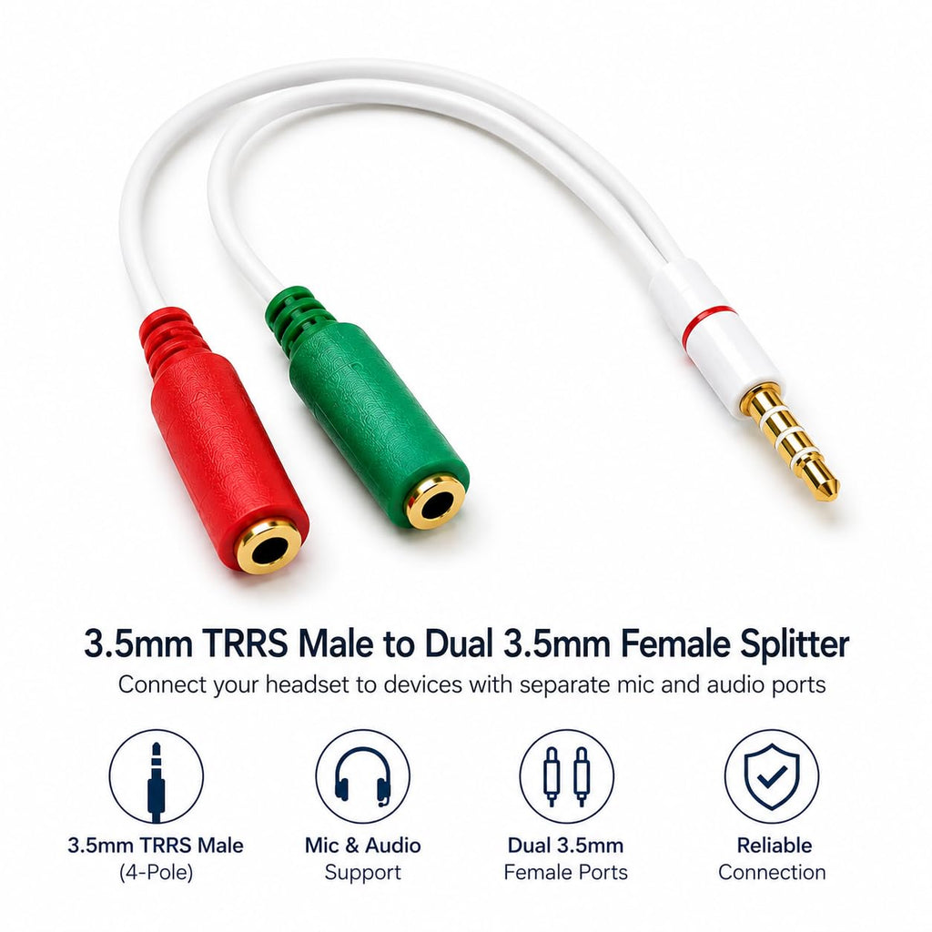 DRUT Headphone with Mic TRRS Converter, 2 x 3.5mm Female Sockets to 3.5mm 4 Pole Male Adapter, Audio and Microphone Splitter for PC, Laptop, Headset and Gaming