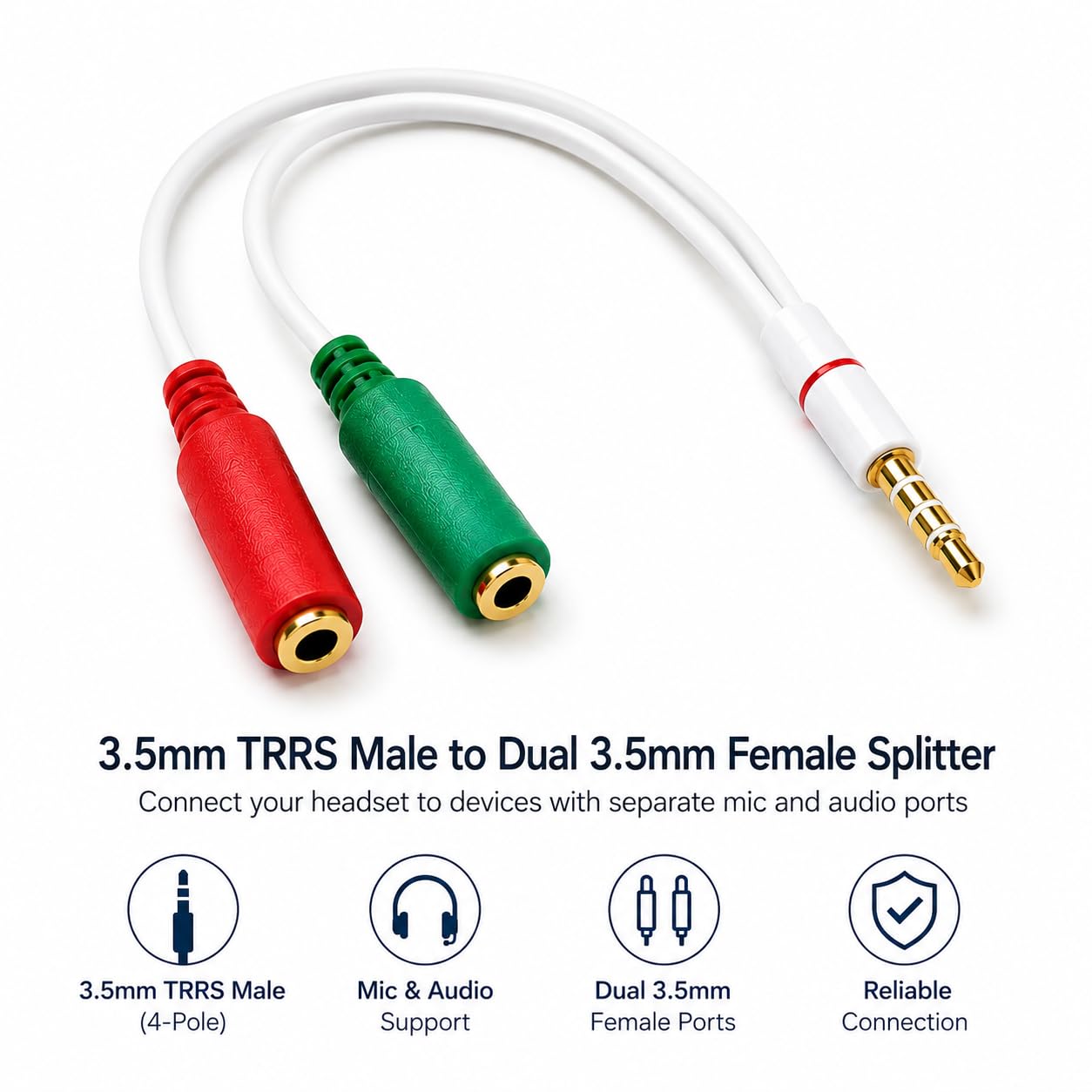 DRUT Headphone with Mic TRRS Converter, 2 x 3.5mm Female Sockets to 3.5mm 4 Pole Male Adapter, Audio and Microphone Splitter for PC, Laptop, Headset and Gaming