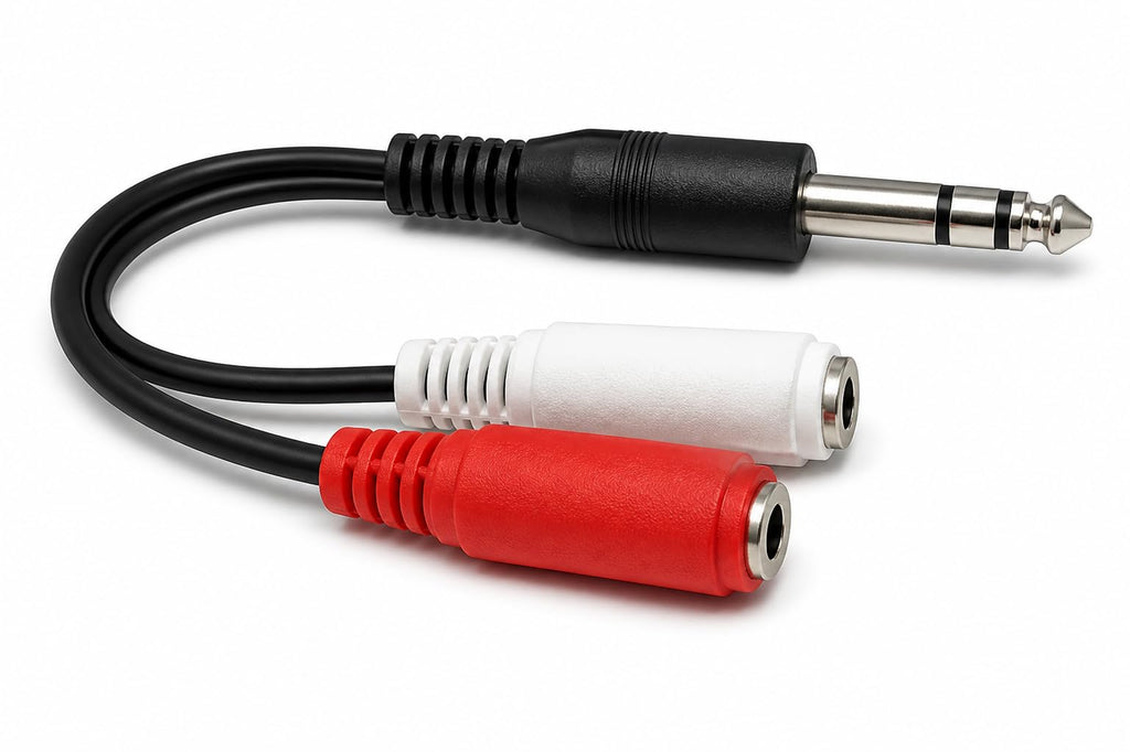 DRUT 6.35mm Stereo TRS Jack Plug to 2 x 3.5mm Stereo Sockets Adapter Cable – 15cm Audio Splitter for Headphones, Mixer, Amplifier, and Audio Devices