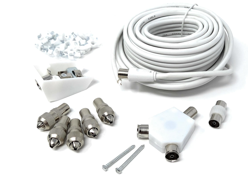 DRUT 15m TV Cable Extension DIY Kit Coaxial Cable, 5 x Coaxial Plugs, 1 x Coaxial Couple, 1 x 2 Way Splitter, 1 x Coaxial Surface Mount Socket and 50 Cable Clips,