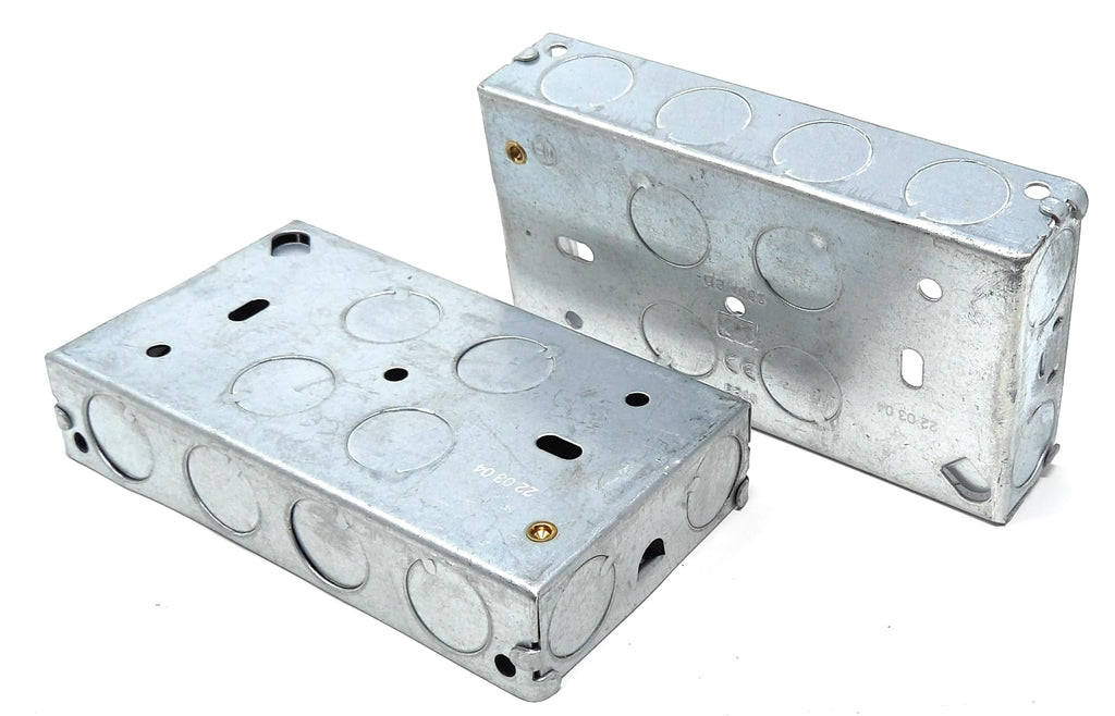 2 Gang Metal Surface Mount Back Box Pattress Box (25mm Deep) Fitted With Earth Terminals