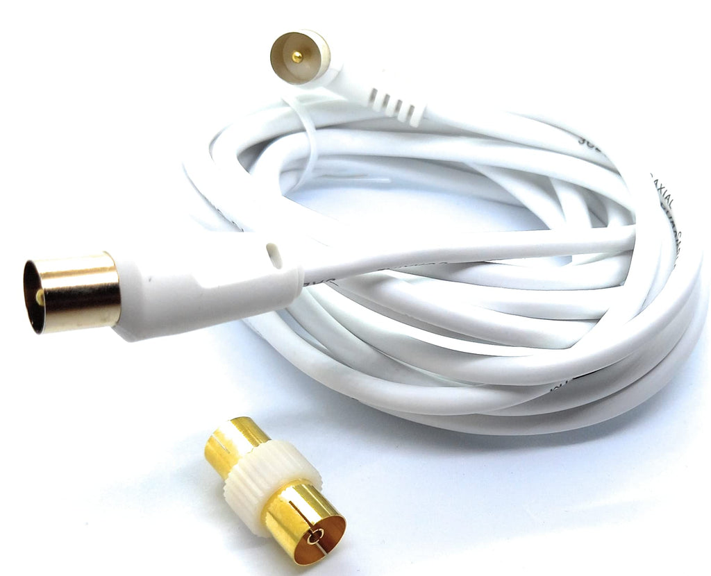 DRUT TV RF Right Angle Male to Male Aerial Antenna Coaxial Cable With Female to Female Coupler Gold Connectors 75 ohm, 3C2V