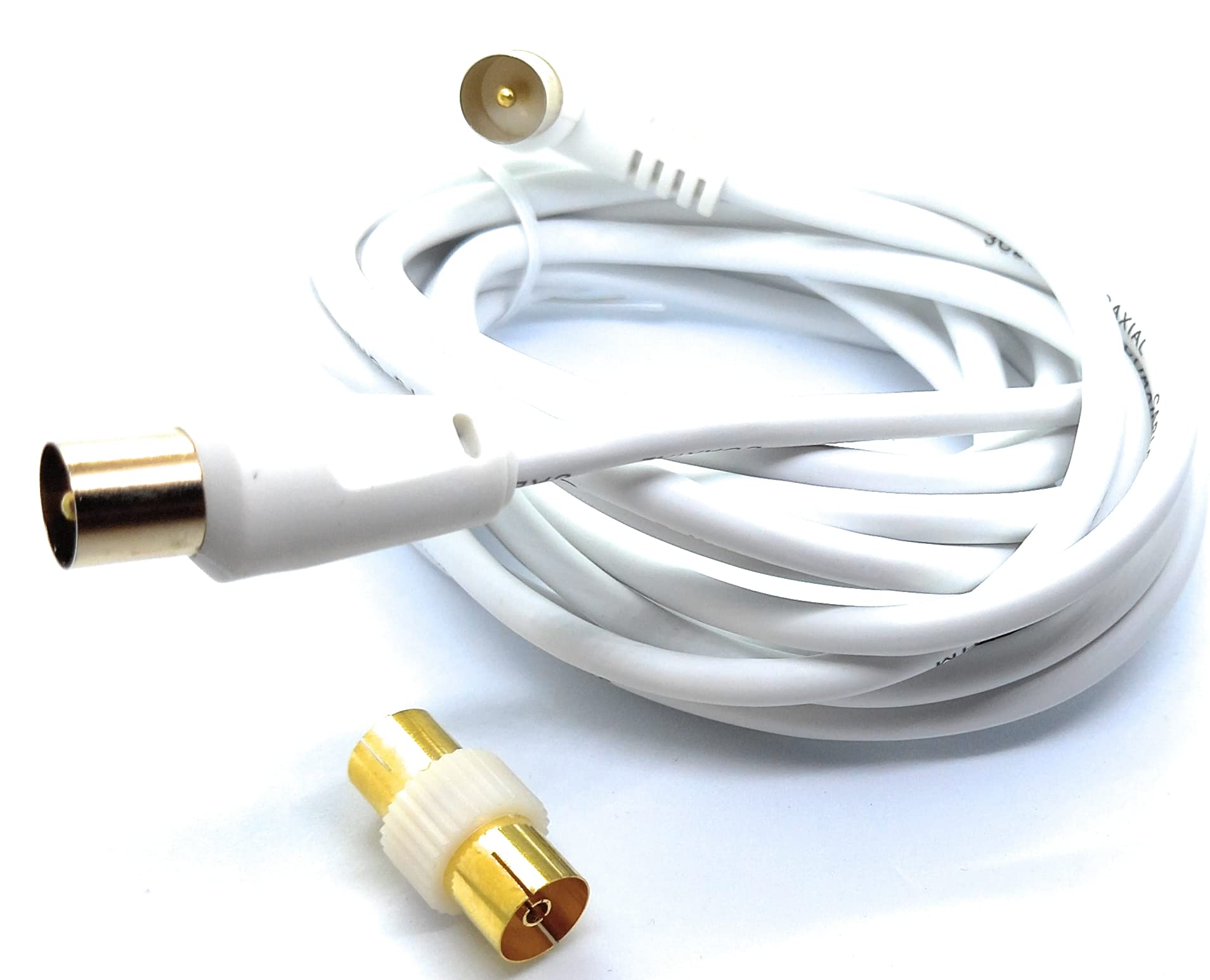 DRUT TV RF Right Angle Male to Male Aerial Antenna Coaxial Cable With Female to Female Coupler Gold Connectors 75 ohm, 3C2V