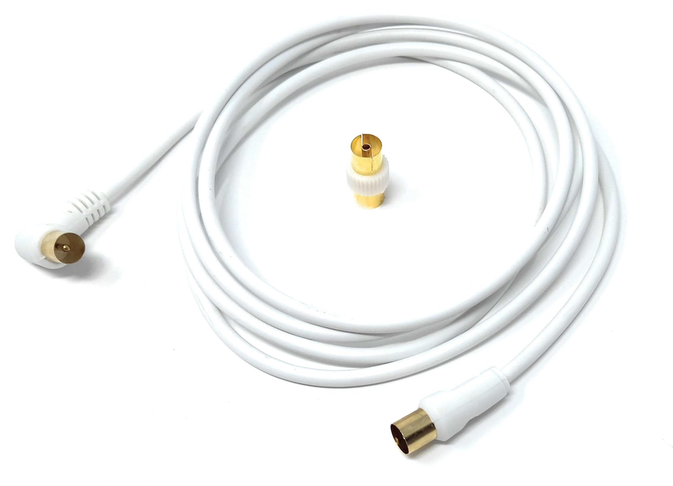 DRUT TV RF Right Angle Male to Male Aerial Antenna Coaxial Cable With Female to Female Coupler Gold Connectors 75 ohm, 3C2V
