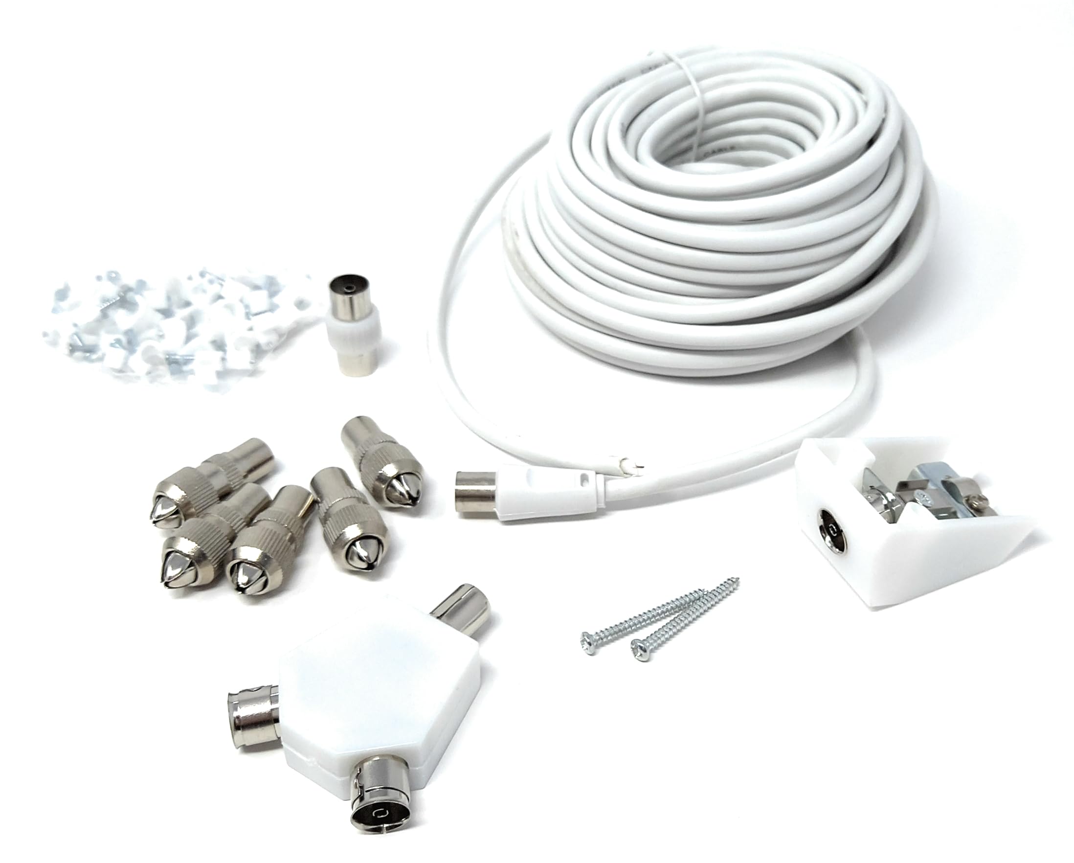 DRUT 15m TV Cable Extension DIY Kit Coaxial Cable, 5 x Coaxial Plugs, 1 x Coaxial Couple, 1 x 2 Way Splitter, 1 x Coaxial Surface Mount Socket and 50 Cable Clips,
