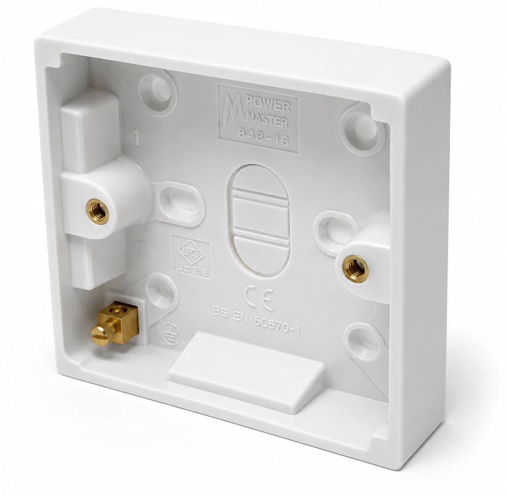 1 Gang Surface Mount Back Box Pattress Box 16mm x 85mm x 85mm White
