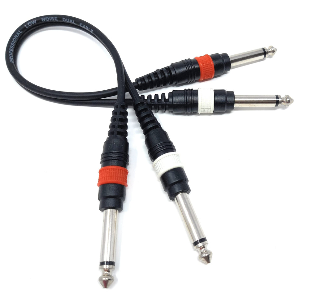 Twin 6.35mm Mono 2 x Jack to 2 x Jack Shielded Cable Lead, Rubber Reliefs, Helical PVC Cord, Nickel Connectors