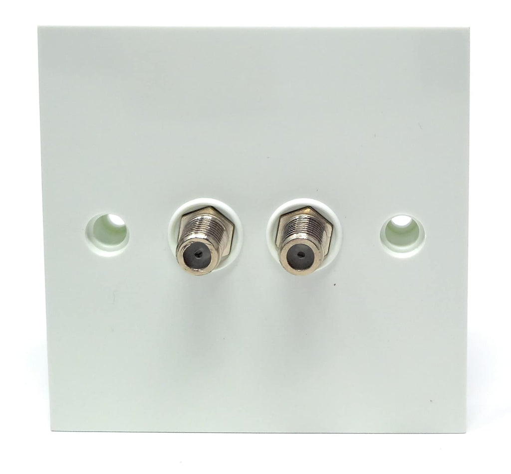 Twin Satellite, TV Outlet F-Type Male Screw Socket Connector, Wall Plate Faceplate, UK Standard, Single Gang, White