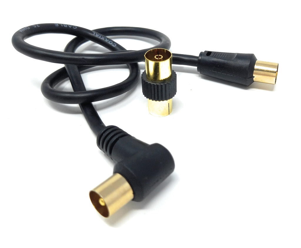 DRUT TV RF Right Angle Male to Male Aerial Antenna Coaxial Cable With Female to Female Coupler Gold Connectors 75 ohm, 3C2V