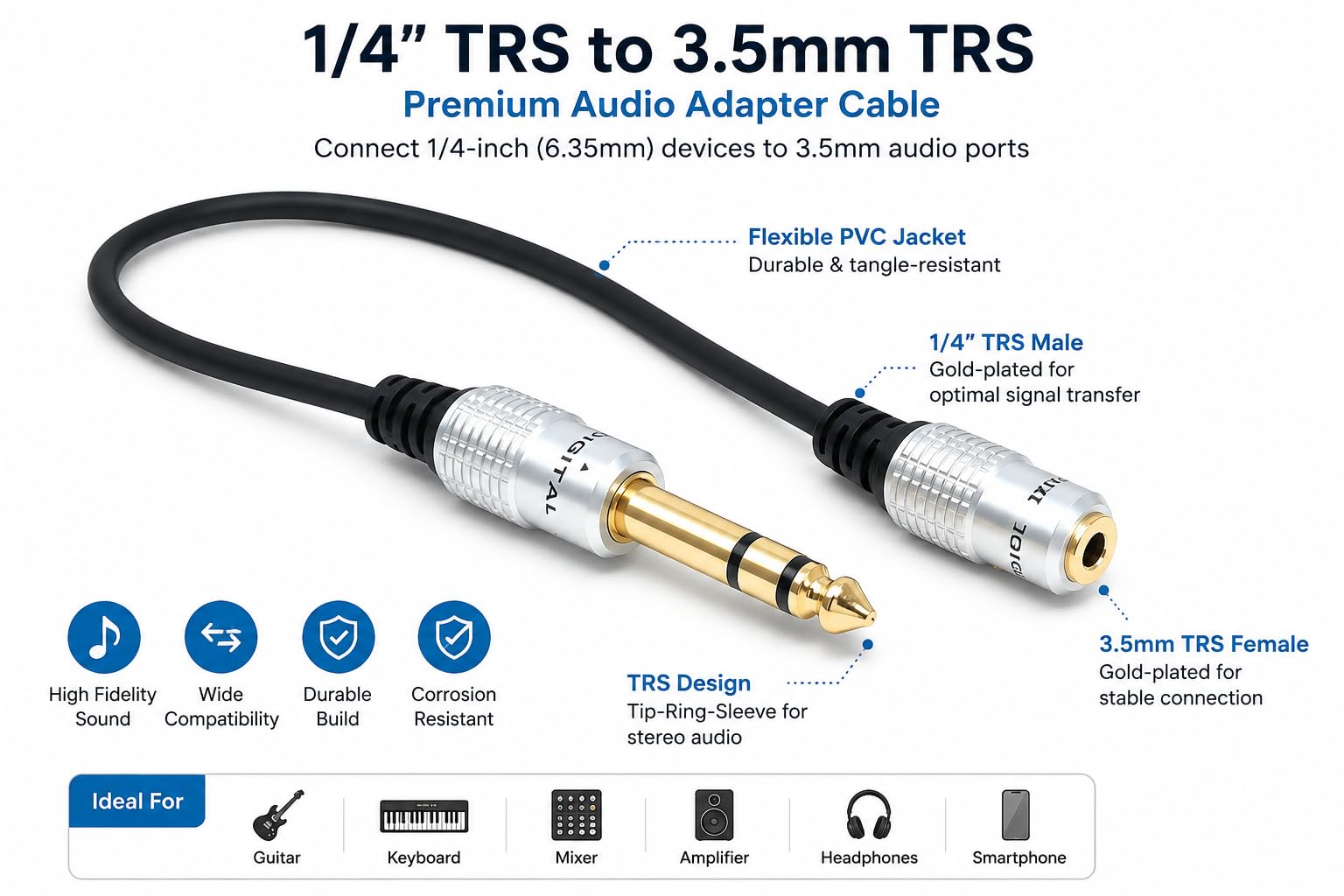 DRUT 30cm 6.35mm to 3.5mm Female Stereo Adapter Cable, Gold Plated TRS Audio Converter & Headphone Extension Lead for Instruments, Speakers & Home Theater (1/4 Inch to Mini Jack)