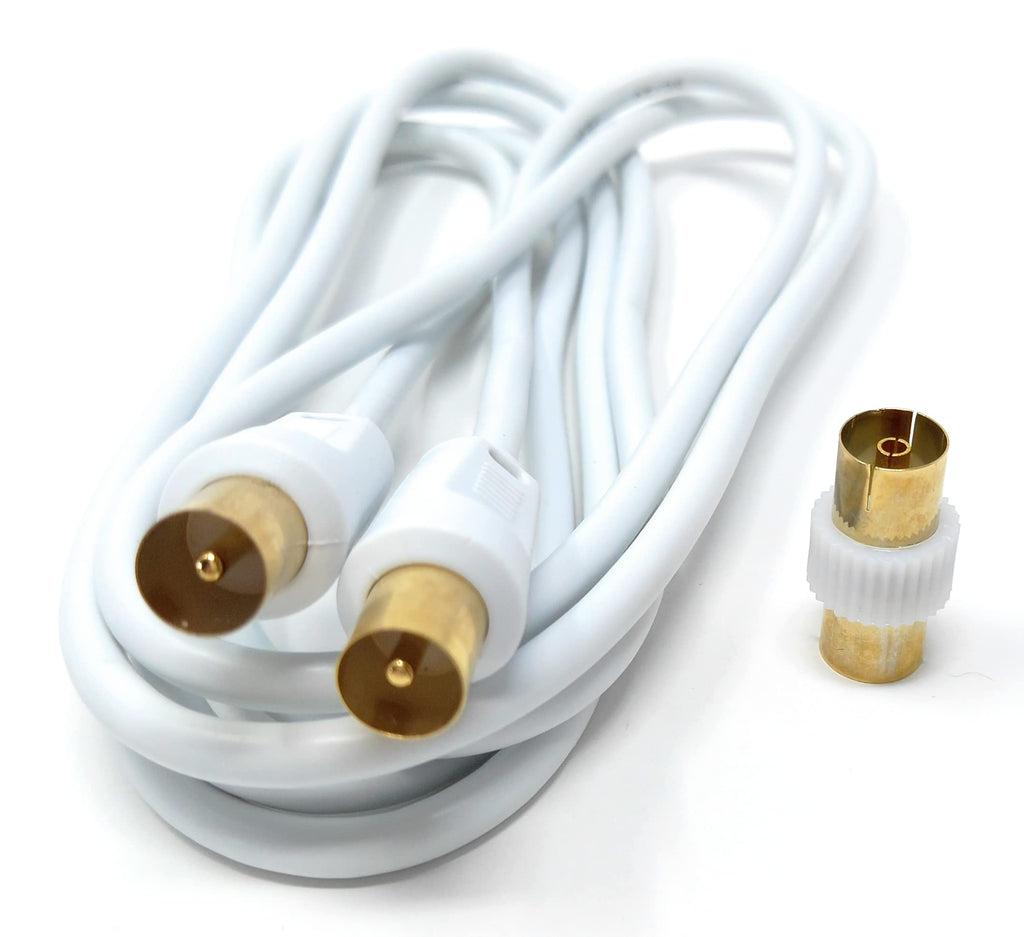 DRUT TV RF Male to Male Aerial Antenna Coaxial Cable With Female to Female Coupler, Gold Connectors 75 ohm, 3C2V
