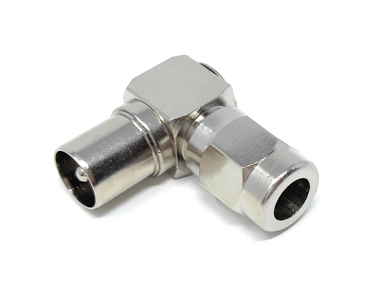 DRUT TV RF Coax Right Angle Adapter, With One end as a Male and the Other end as a Push-in with a Screw, designed for aerial cables