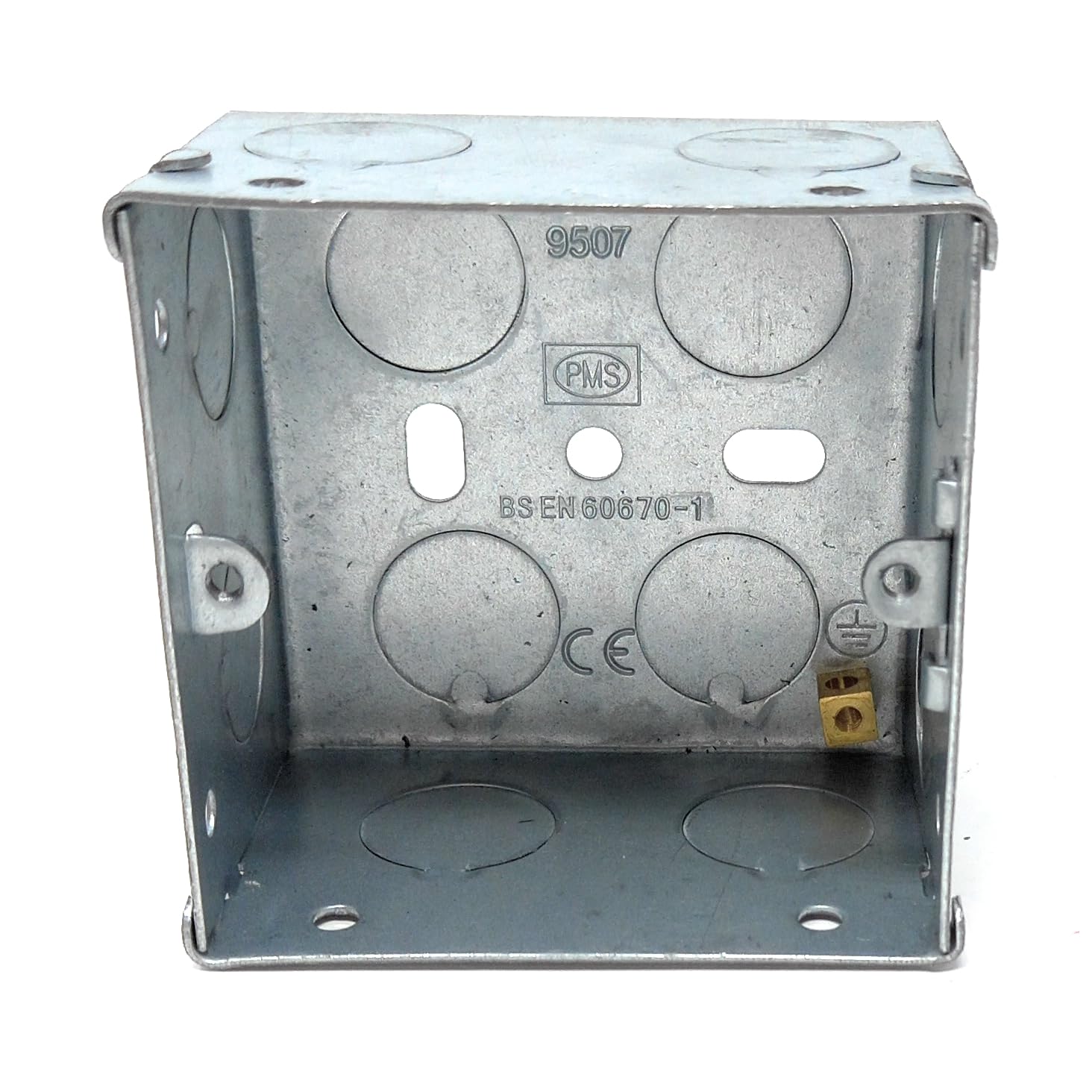 1 Gang Galvanised Steel Pattress Box with Brass Earth Terminal – 47mm Depth Back Box for Electrical Faceplates