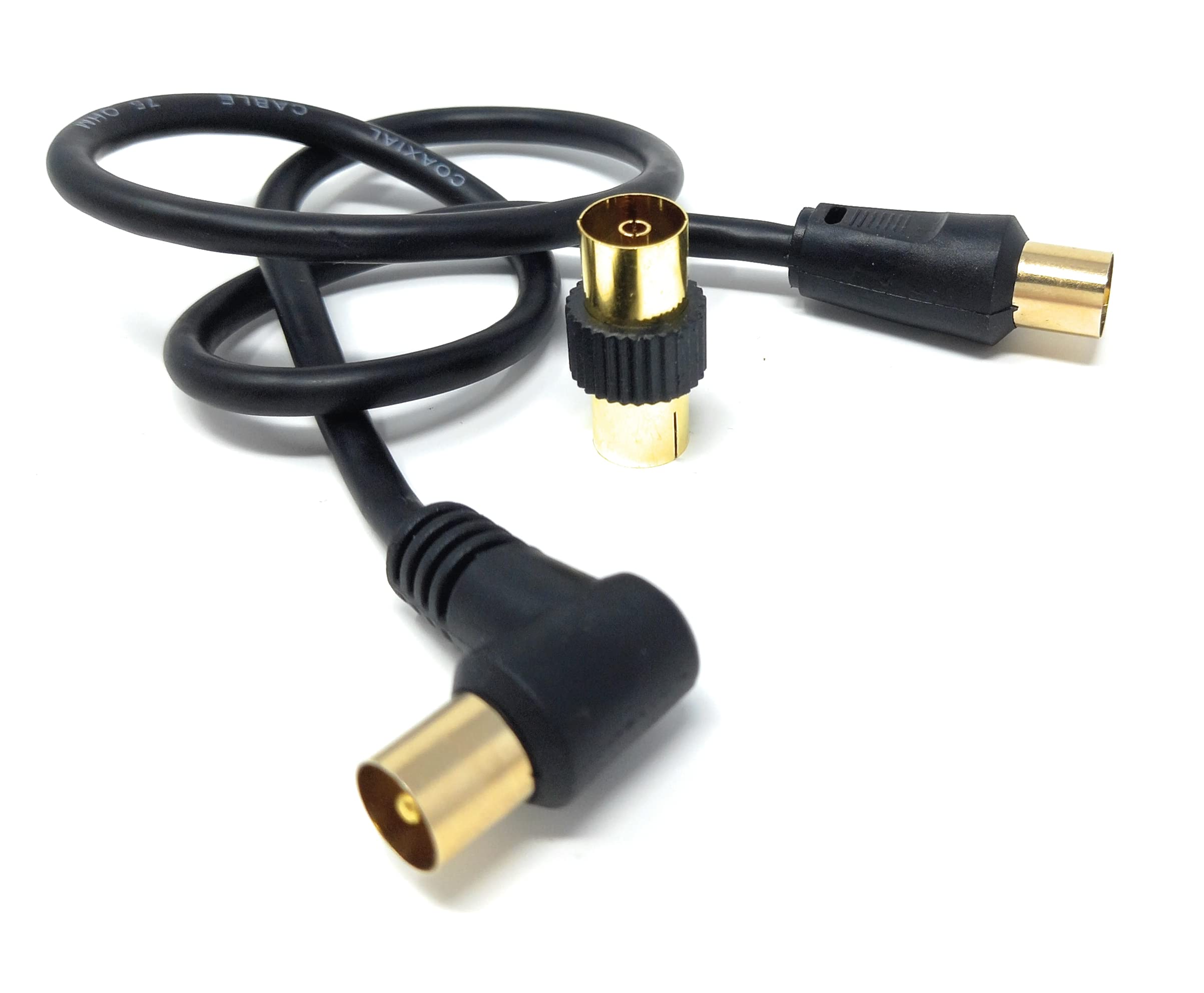 DRUT TV RF Right Angle Male to Male Aerial Antenna Coaxial Cable With Female to Female Coupler Gold Connectors 75 ohm, 3C2V