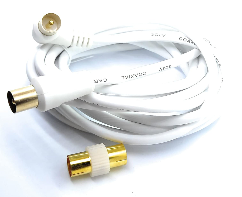 DRUT TV RF Right Angle Male to Male Aerial Antenna Coaxial Cable With Female to Female Coupler Gold Connectors 75 ohm, 3C2V