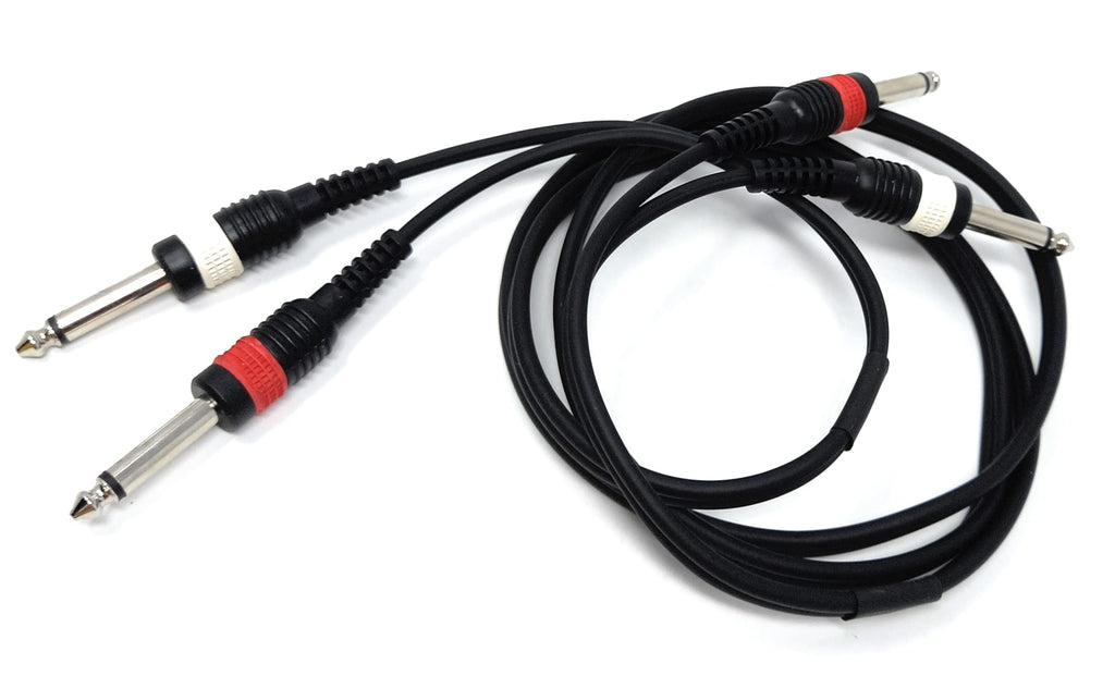 Twin 6.35mm Mono 2 x Jack to 2 x Jack Shielded Cable Lead, Rubber Reliefs, Helical PVC Cord, Nickel Connectors