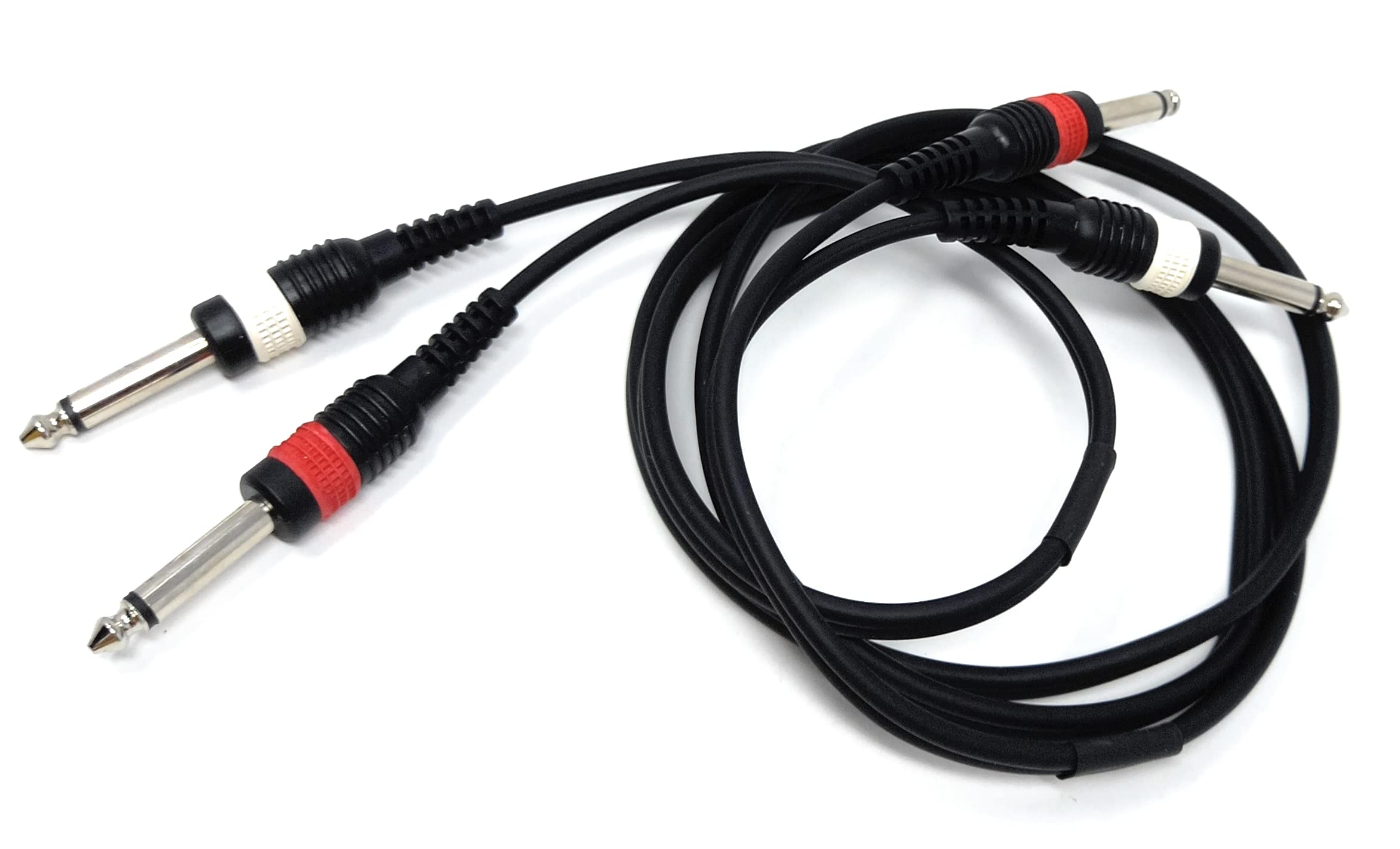 Twin 6.35mm Mono 2 x Jack to 2 x Jack Shielded Cable Lead, Rubber Reliefs, Helical PVC Cord, Nickel Connectors