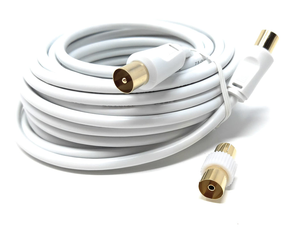 DRUT TV RF Male to Male Aerial Antenna Coaxial Cable With Female to Female Coupler, Gold Connectors 75 ohm, 3C2V