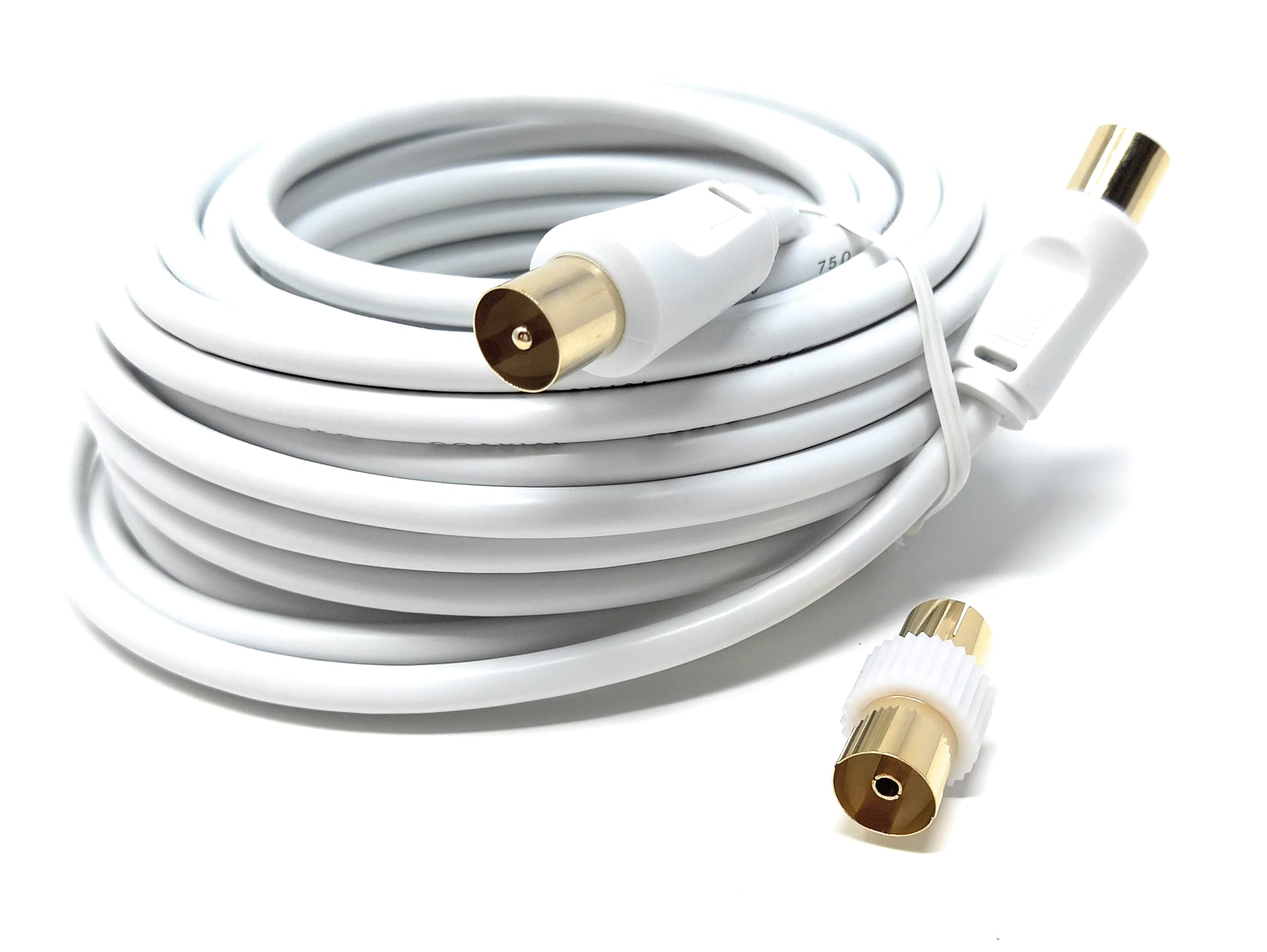 DRUT TV RF Male to Male Aerial Antenna Coaxial Cable With Female to Female Coupler, Gold Connectors 75 ohm, 3C2V