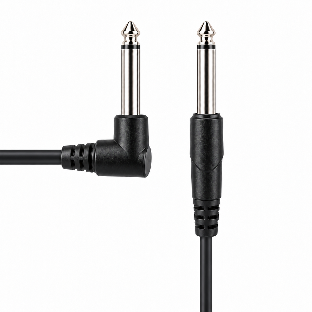6.35mm mono straight and 90 degree male jack plugs with straight cable leads on white