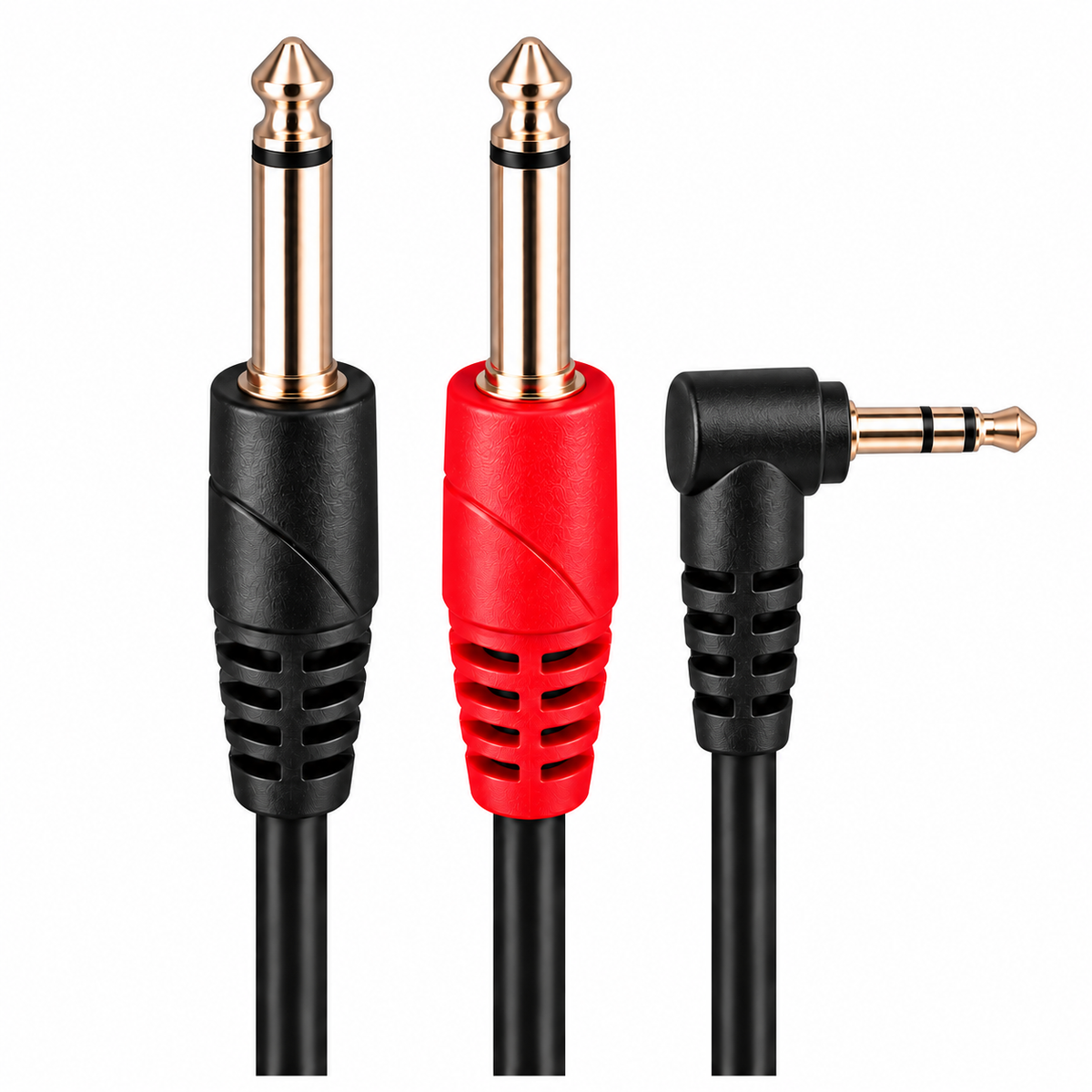 Upright product connectors on white: 3.5mm 90° Stereo Jack to 2 x 6.35mm Mono Jacks Cable (Various Lengths)