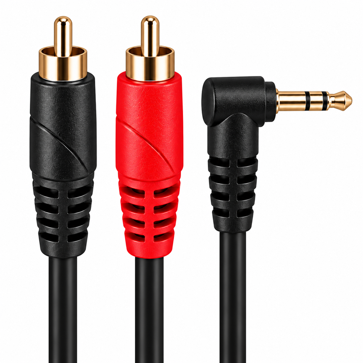 Upright product connectors on white: 3.5mm 90° Stereo Jack to 2 x RCA Phono Cable (Various Lengths)